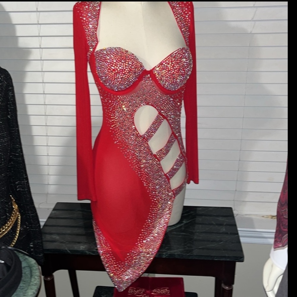 Red Rhinestone Cutout Dress